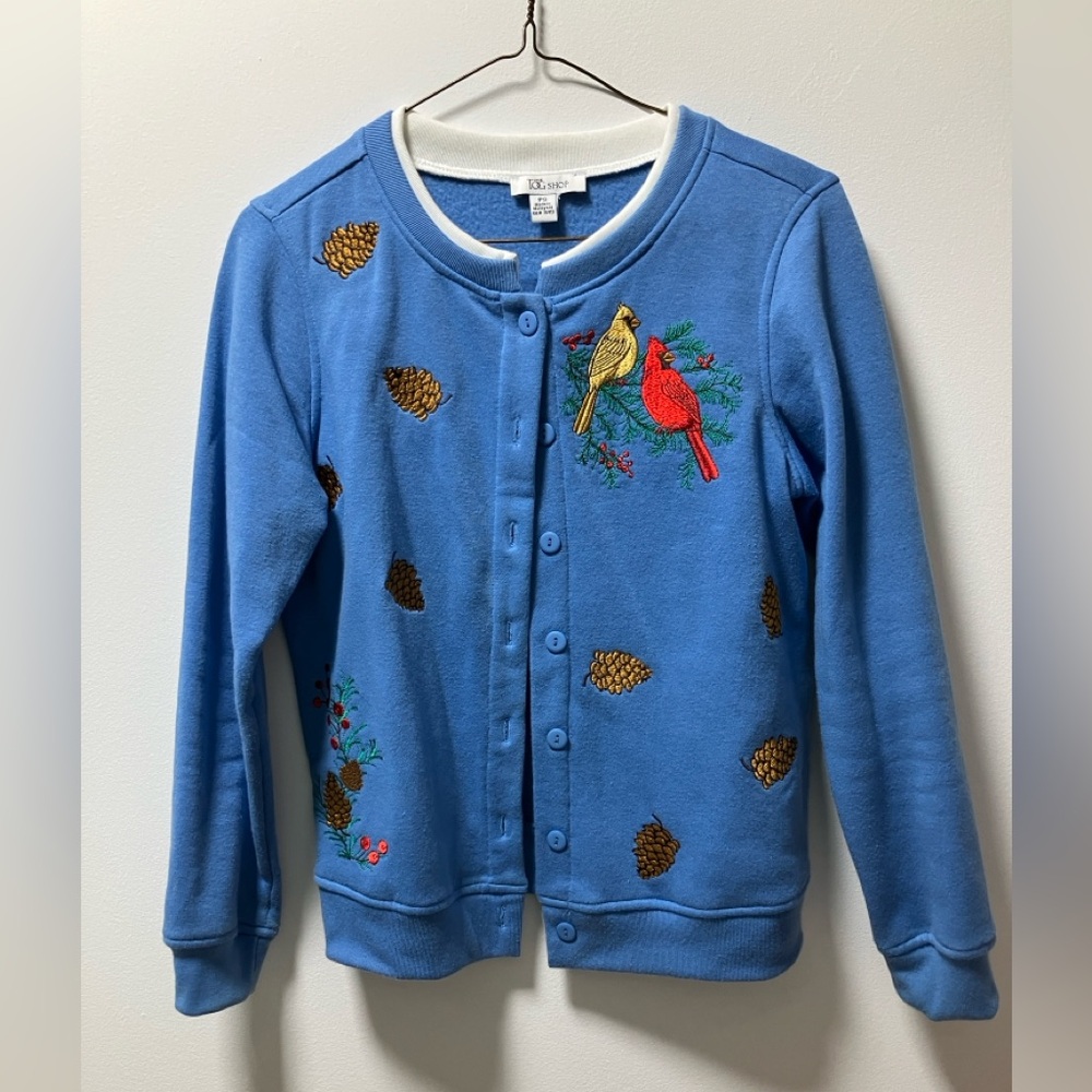 Tog Shop Cardinals and Pine Cones Blue Cardigan